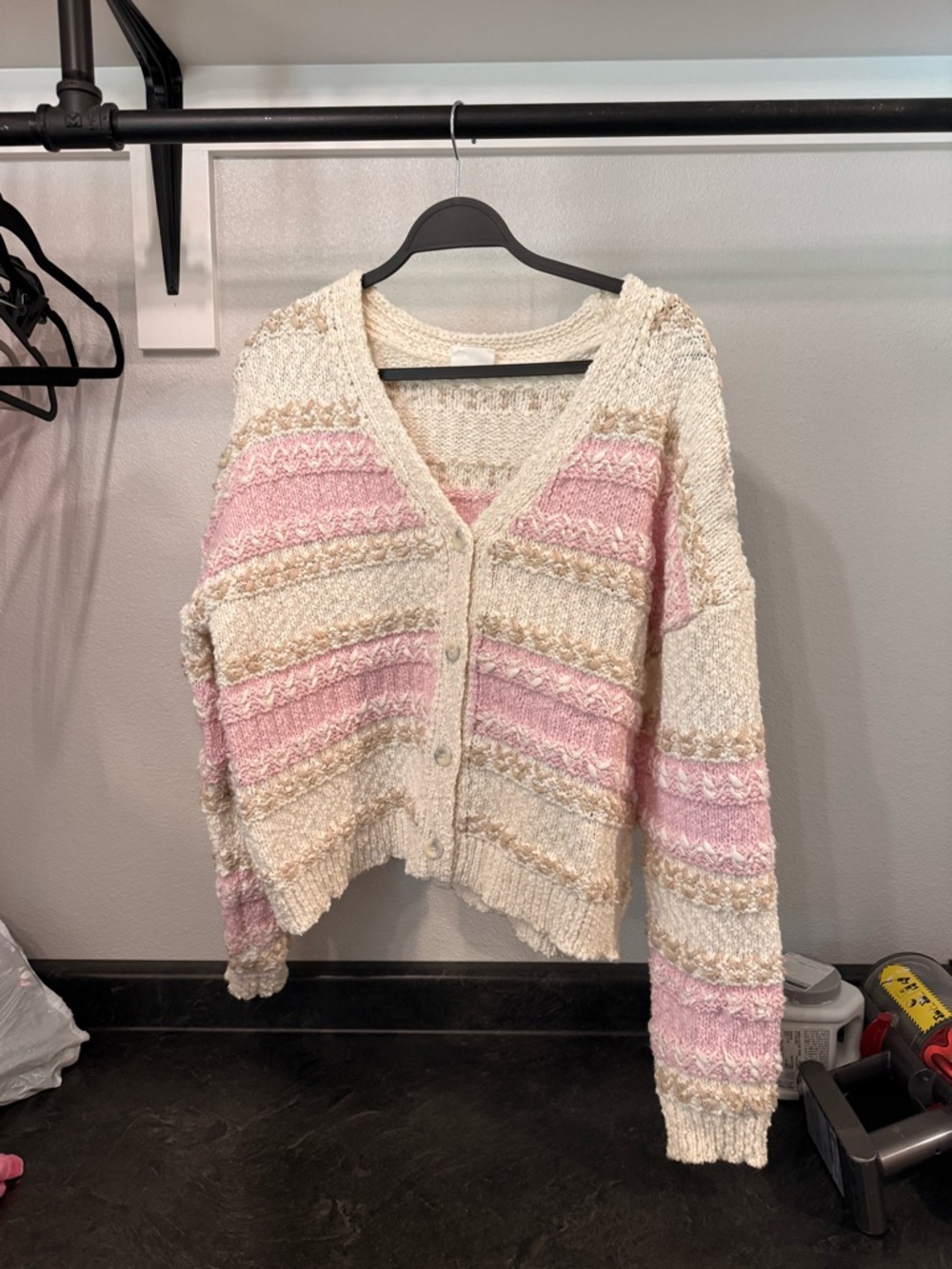Cream & Pink Striped V-Neck Cardigan Sweater